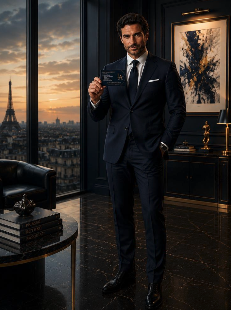Jean Rosa de Jesus, fondateur de LuxArtLeasing, dans son bureau parisien avec vue sur la Tour Eiffel